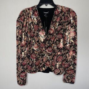 EXPRESS Top Womens Small S Metallic Gold Red Floral Peplum Blouse NEW Faux Wrap